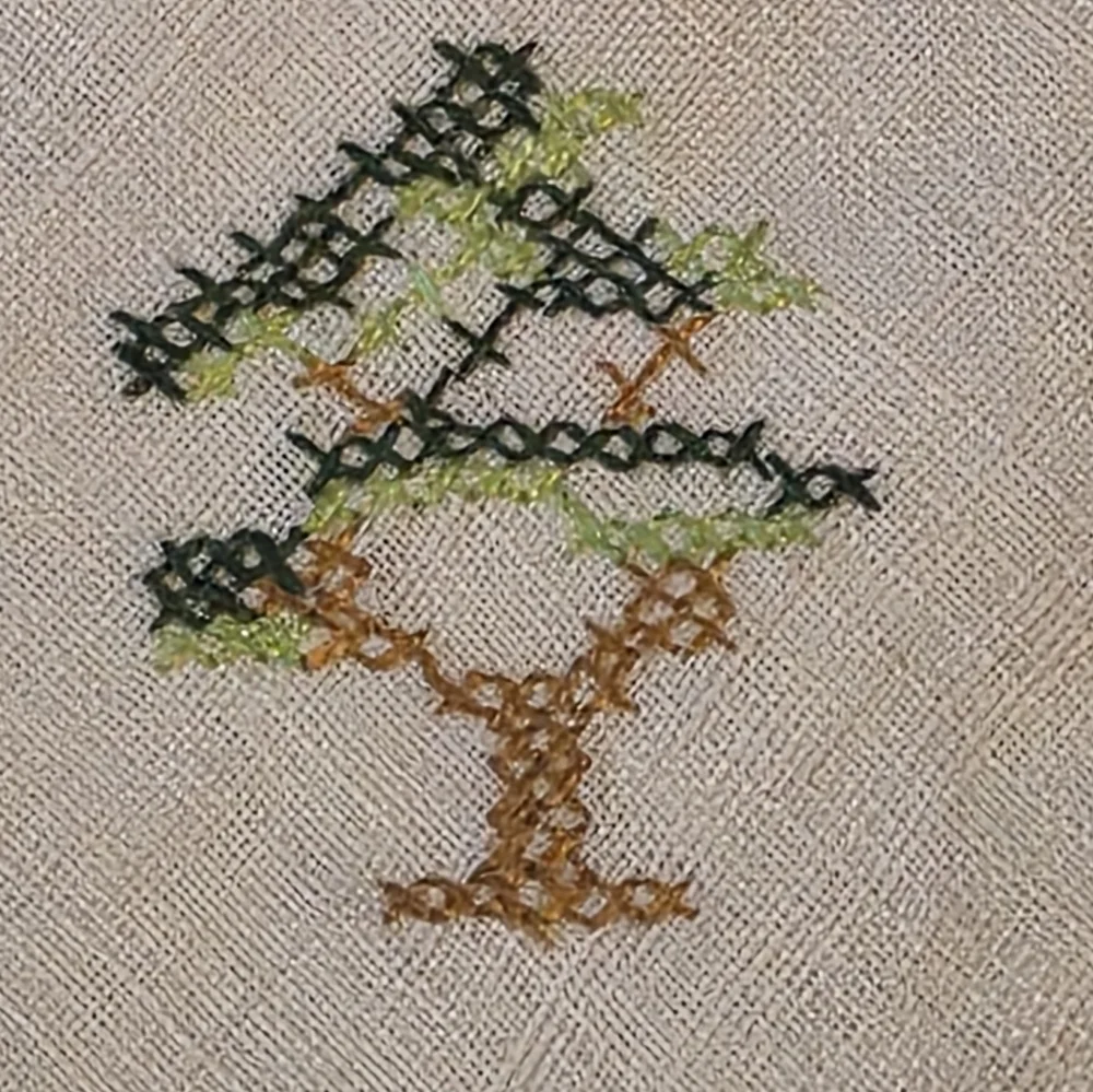 Vintage Handmade Linen Mission Work Tree Image Cocktail Napkins Set Of 3